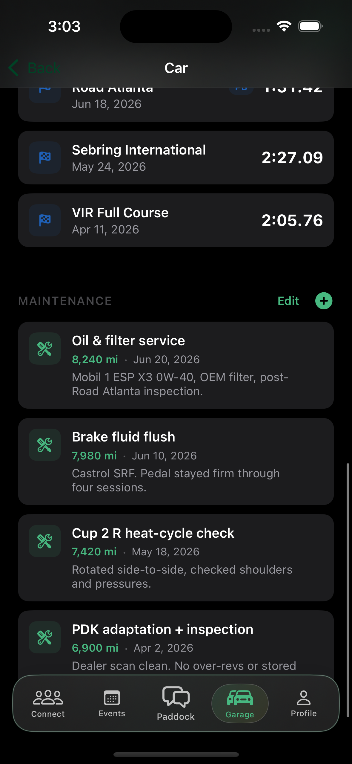 Maintenance screen with oil, brake fluid, and tire service logs